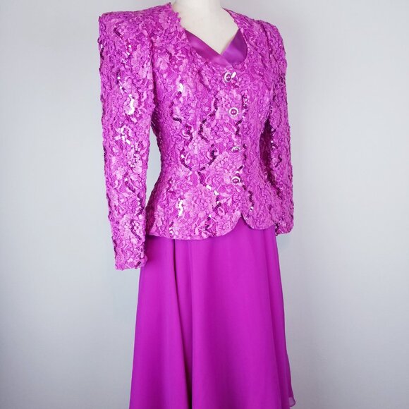 Vintage 1980's Fuchsia Sequin Ruffled Blouse & Skirt Set by Nancy Bracoloni - Picture 9 of 15